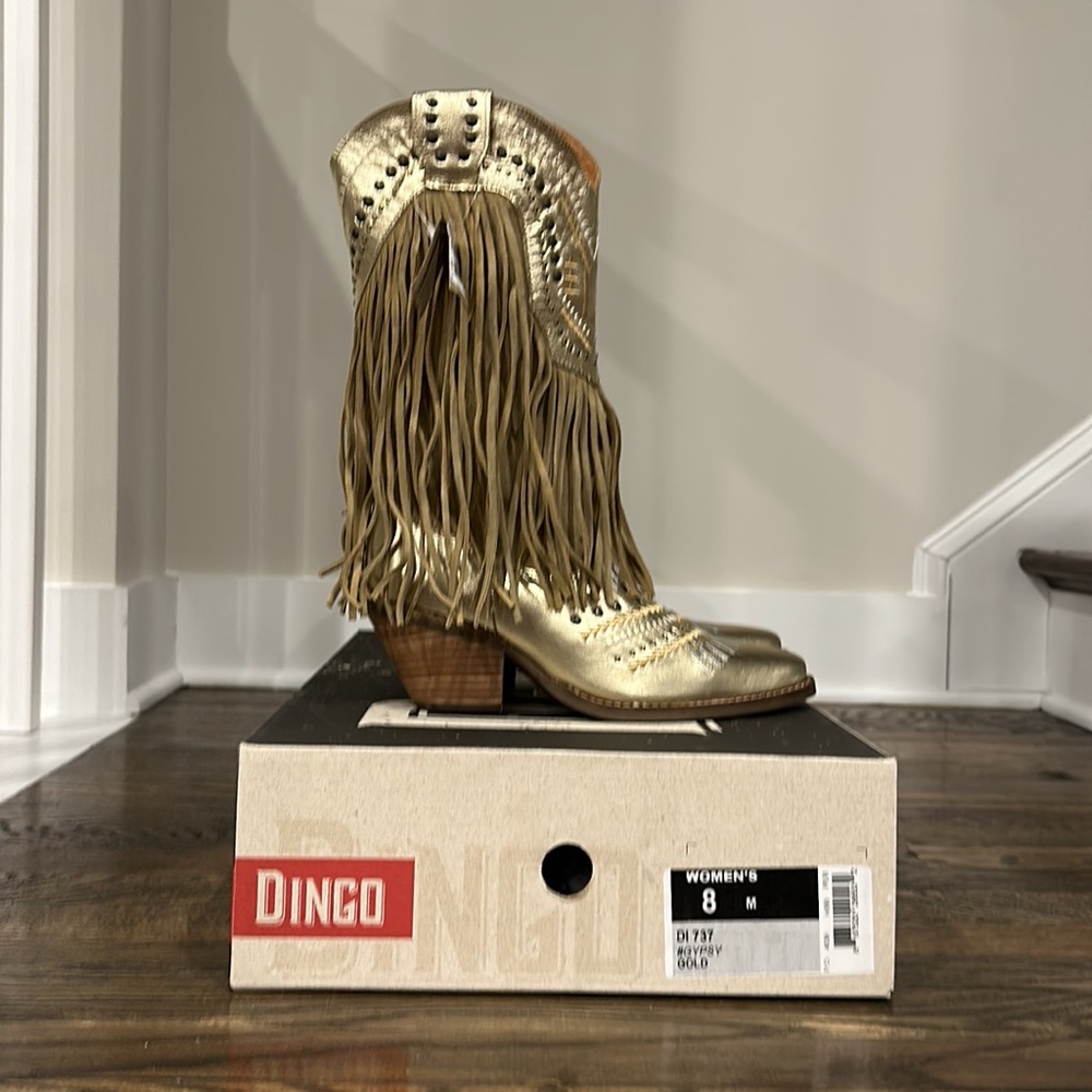 Dingo Gypsy Metallic Leather Fringed Embroidered Studded Western Boots - Picture 2 of 6